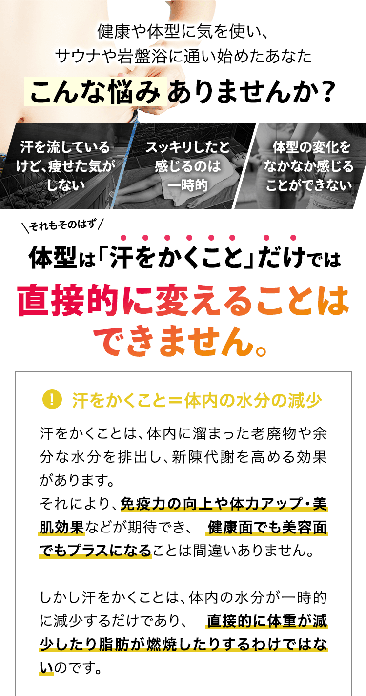健康や体型に気を使い、サウナや岩盤浴に通い始めたあなた こんな悩みありませんか？ 「汗を流しているけど、痩せた気がしない」「スッキリしたと感じるのは一時的」「体型の変化をなかなか感じることができない」それもそのはず、体型は「汗をかくこと」だけでは直接的に変えることはできません。